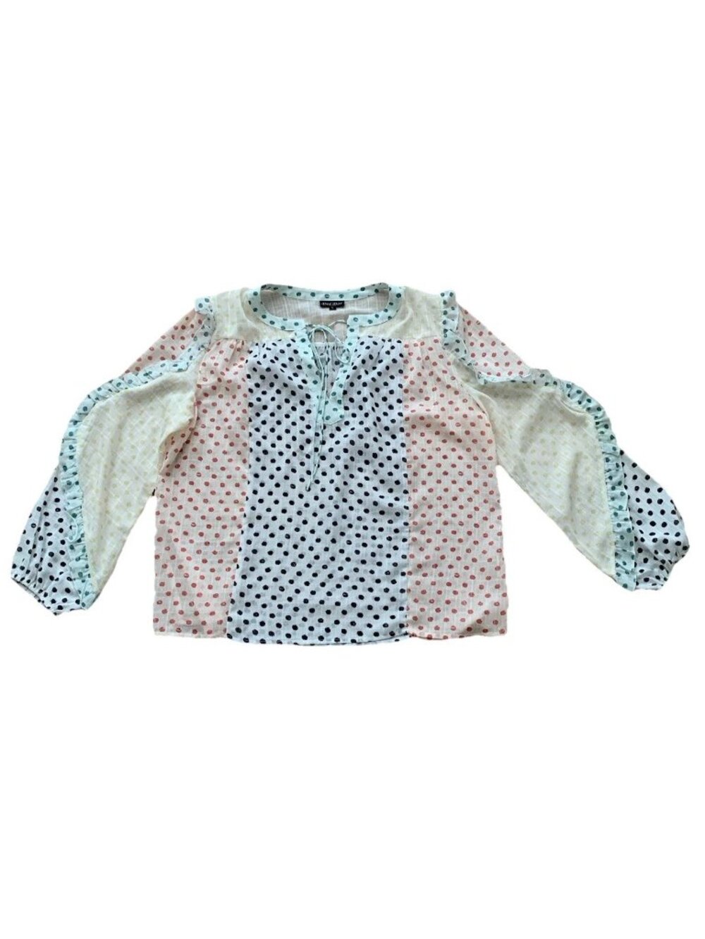 Dor Dor Couture Women’s Large Multicolor Polka Dot Ruffle Sheer Long Sleeve Top